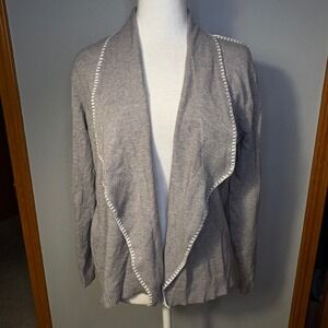Aaeda Gray Open Front Knit Cardigan Sweater XL Draped Collar Whipstitch Detail